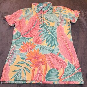 Kenny Flowers Tropical Palm Print Golf Polo Shirt Pink Teal Yellow Womens Large